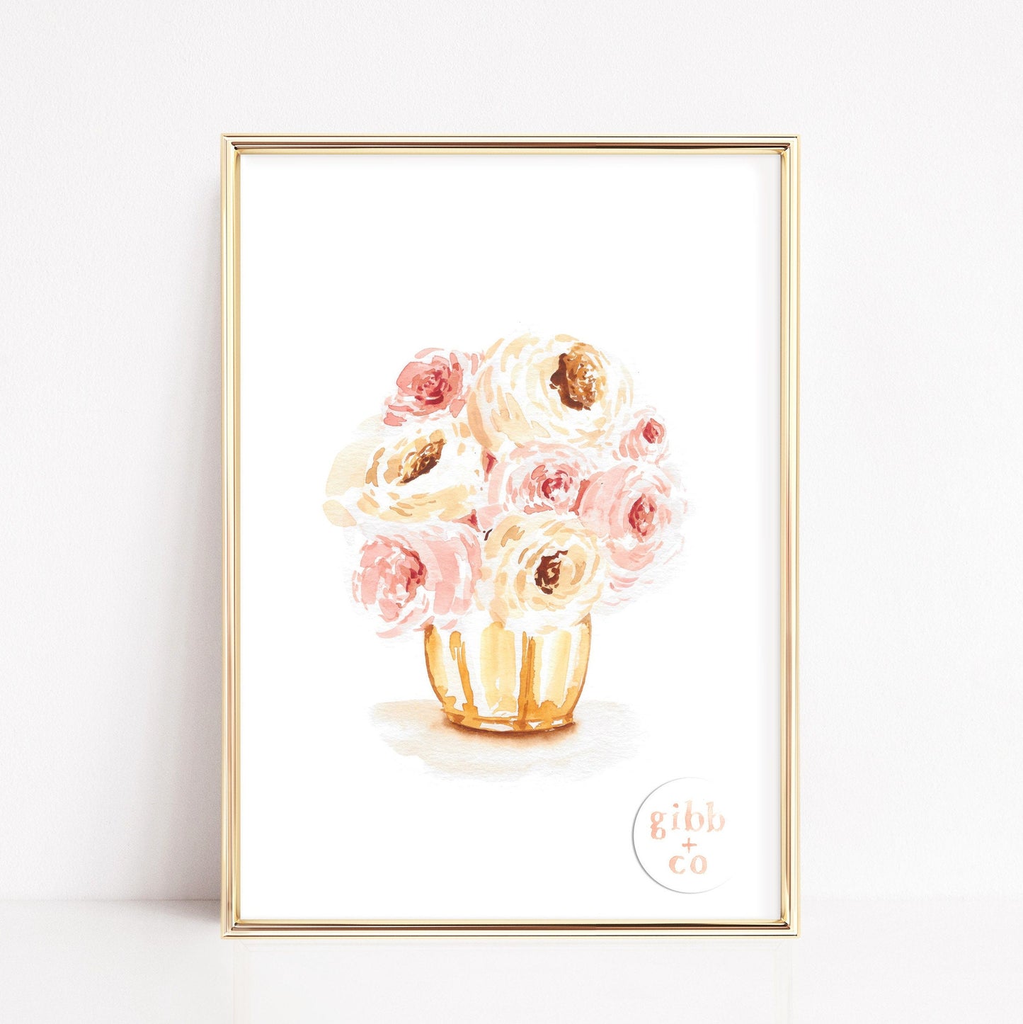 Muted pink Peonies in gold vase, floral art print