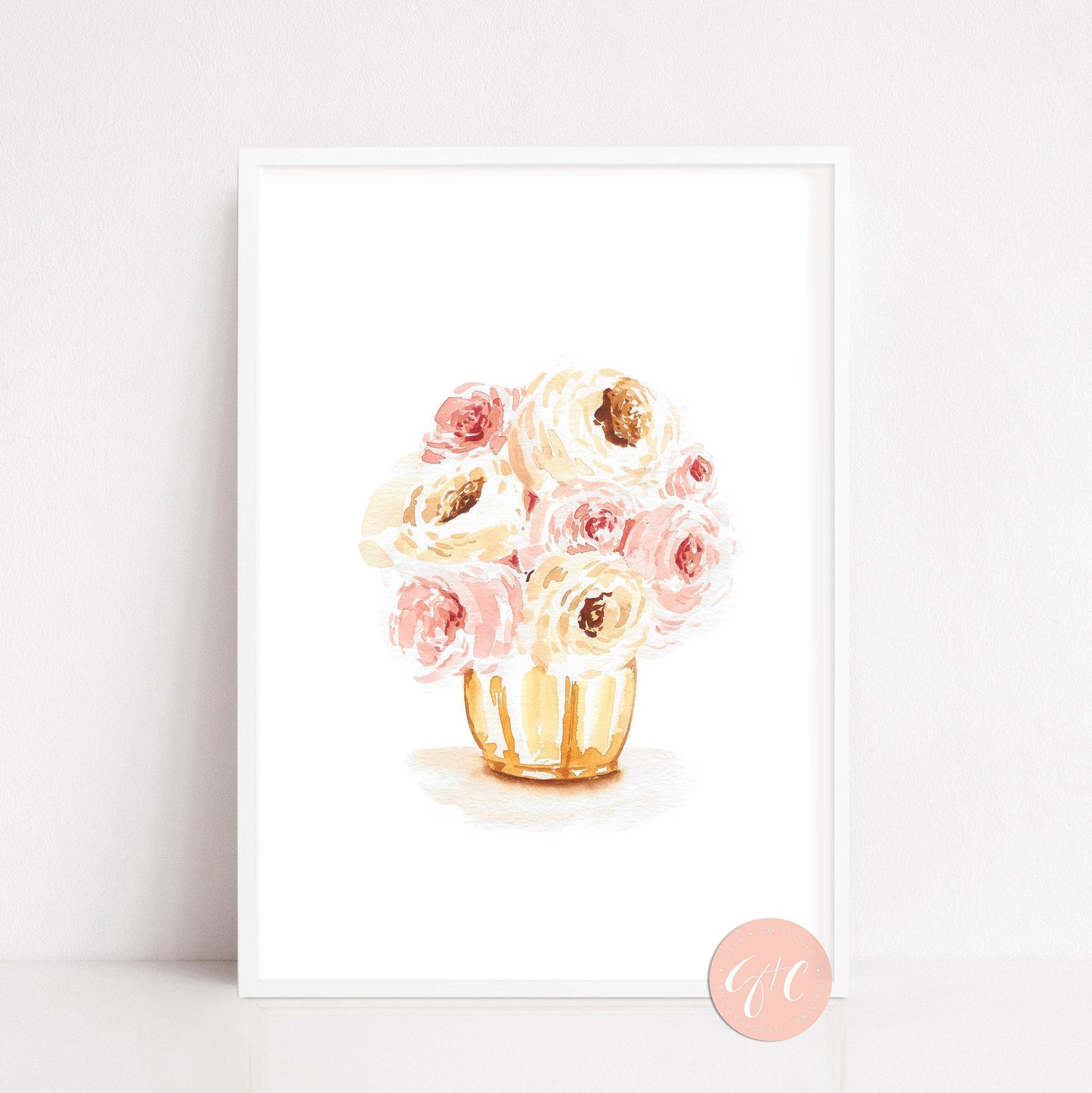 Muted pink Peonies in gold vase, floral art print