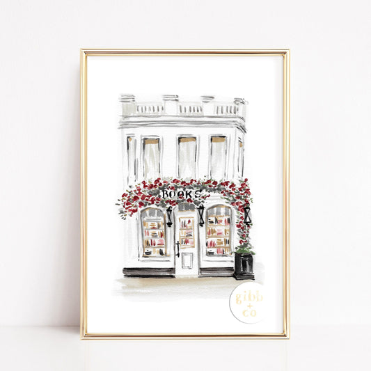 White Bookshop, Bookshop series, book art print, architecture art print, floral art print