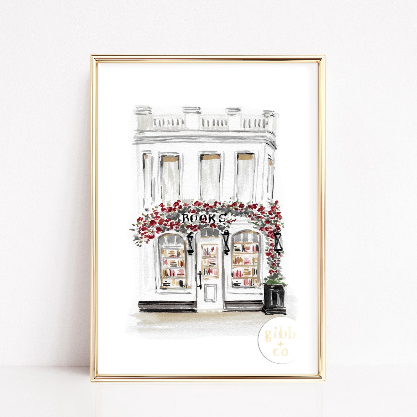 Black Bookshop, Bookshop series, book art print, architecture art print, floral art print