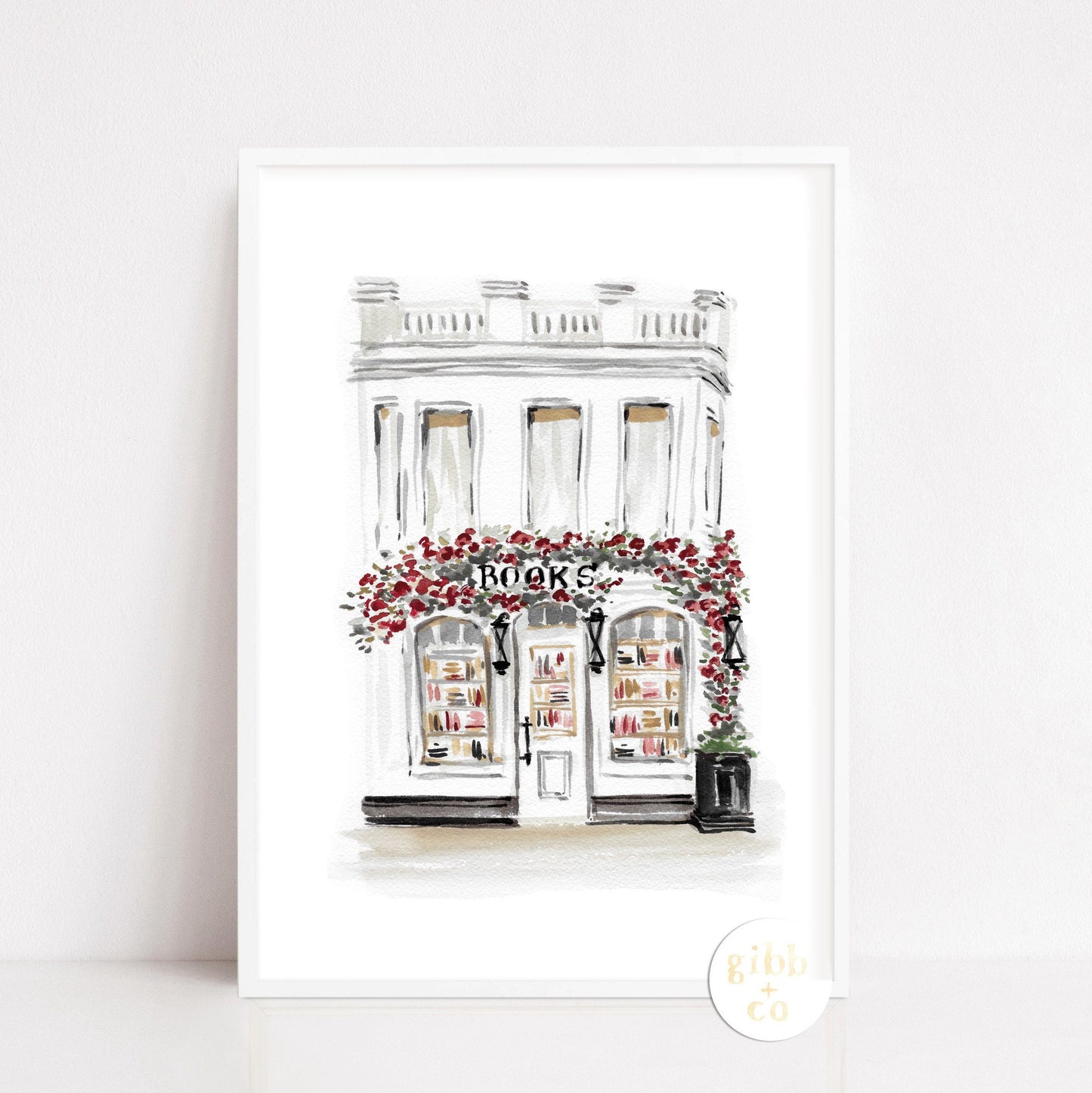 White Bookshop, Bookshop series, book art print, architecture art print, floral art print