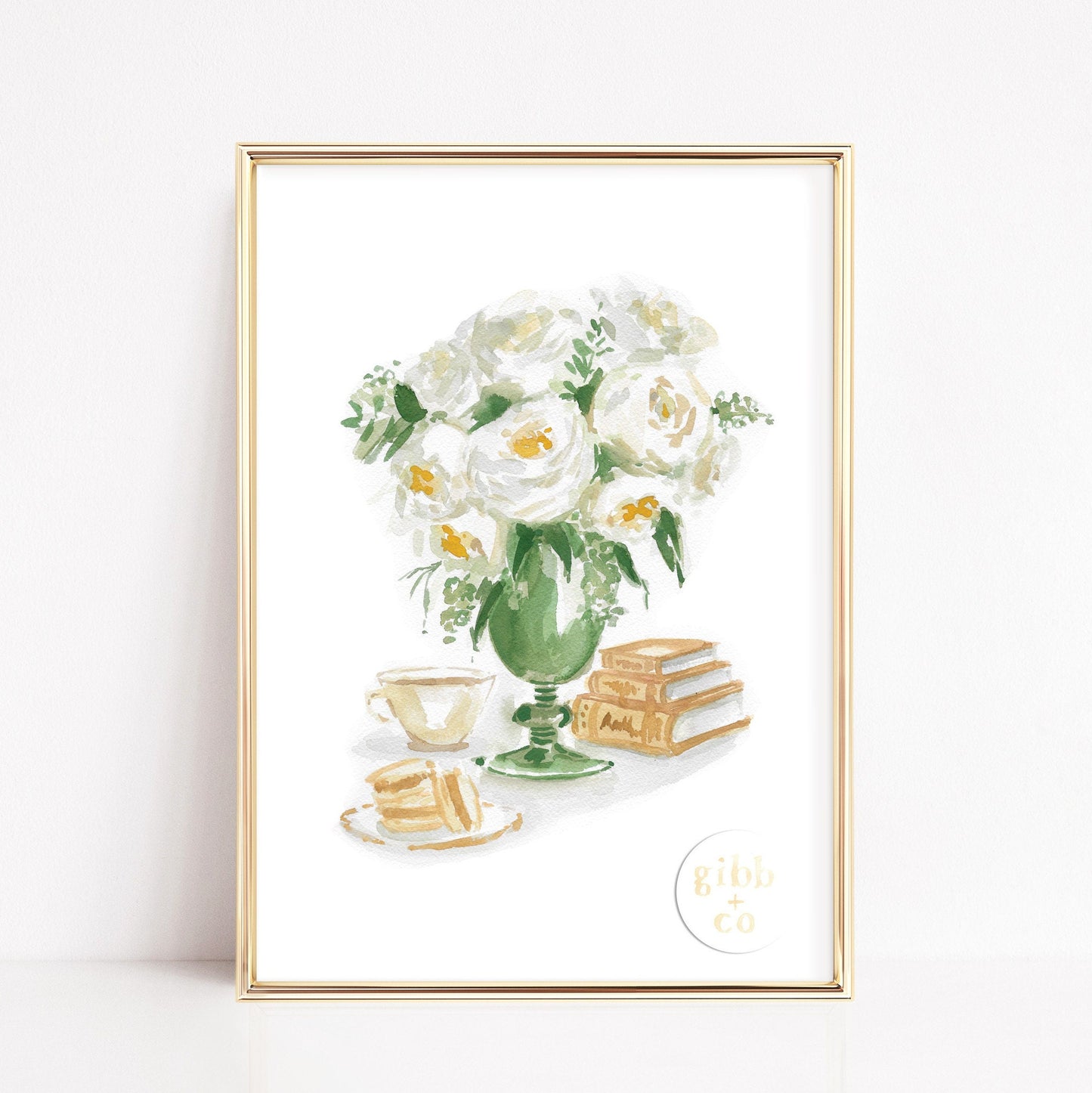 White Rose with stacked books, art print, book art print, floral art print