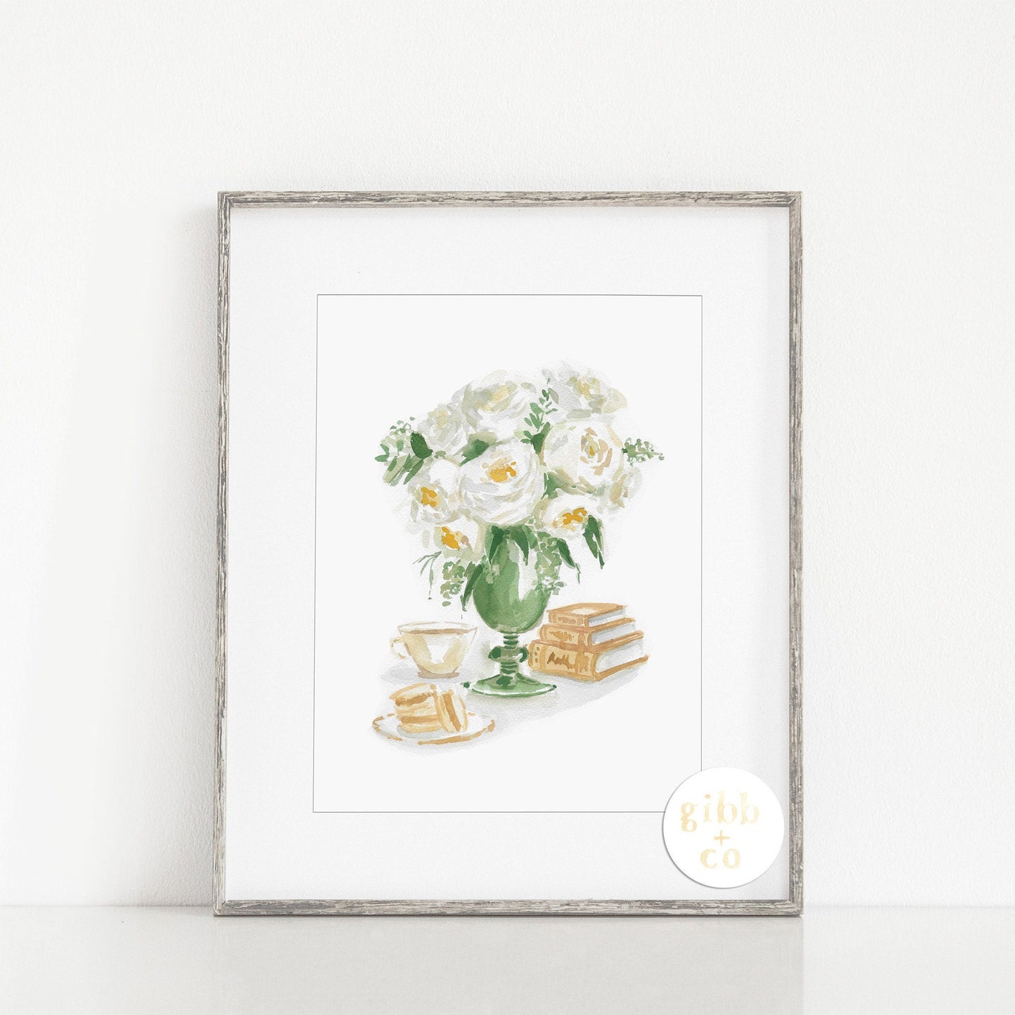 White Rose with stacked books, art print, book art print, floral art print