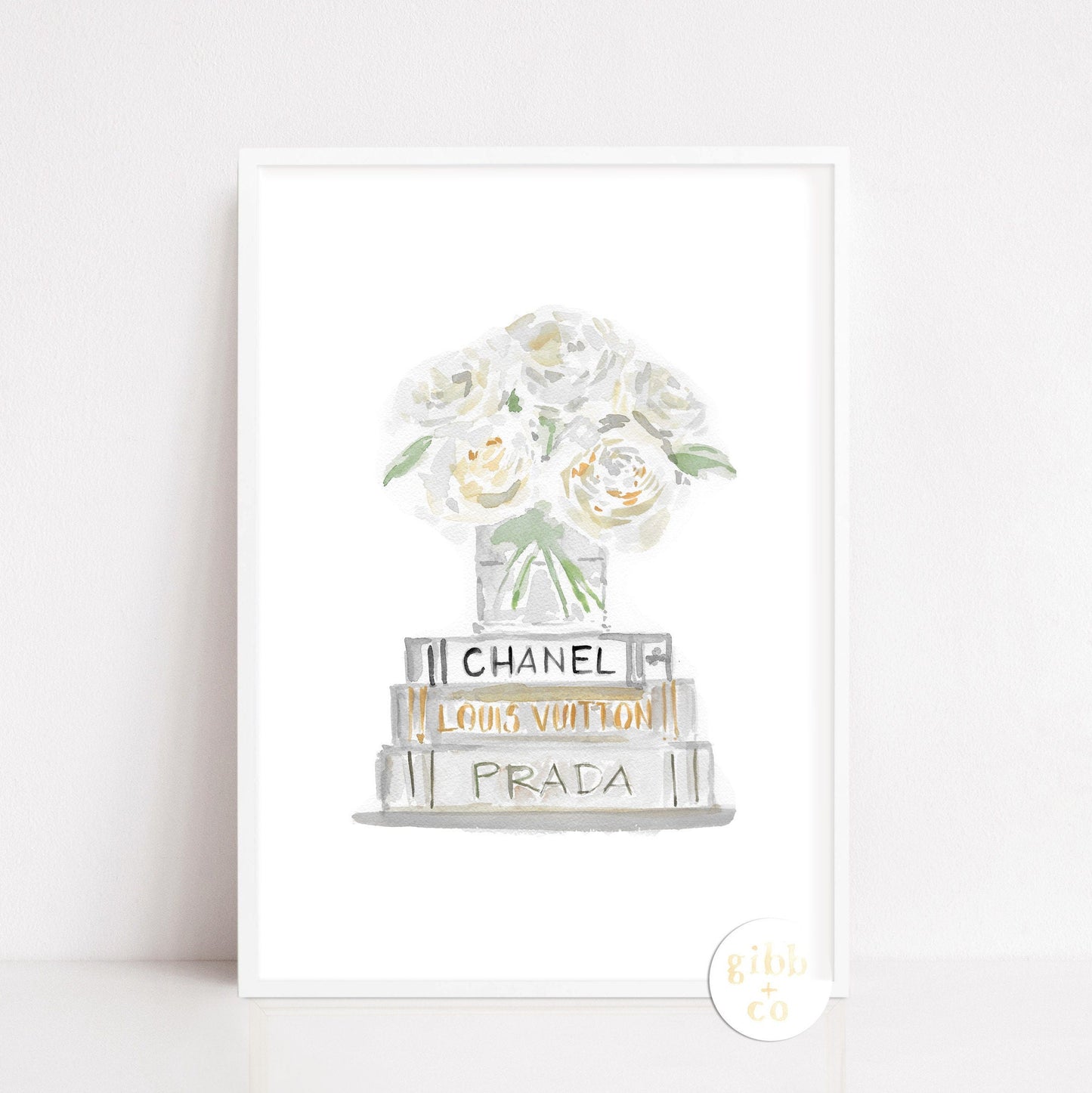 White Rose with stacked books, art print, book art print, floral art print