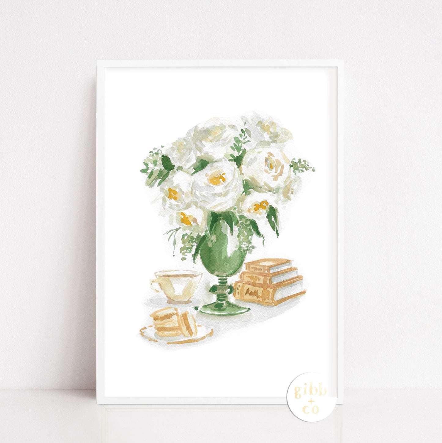 White Rose with stacked books, art print, book art print, floral art print