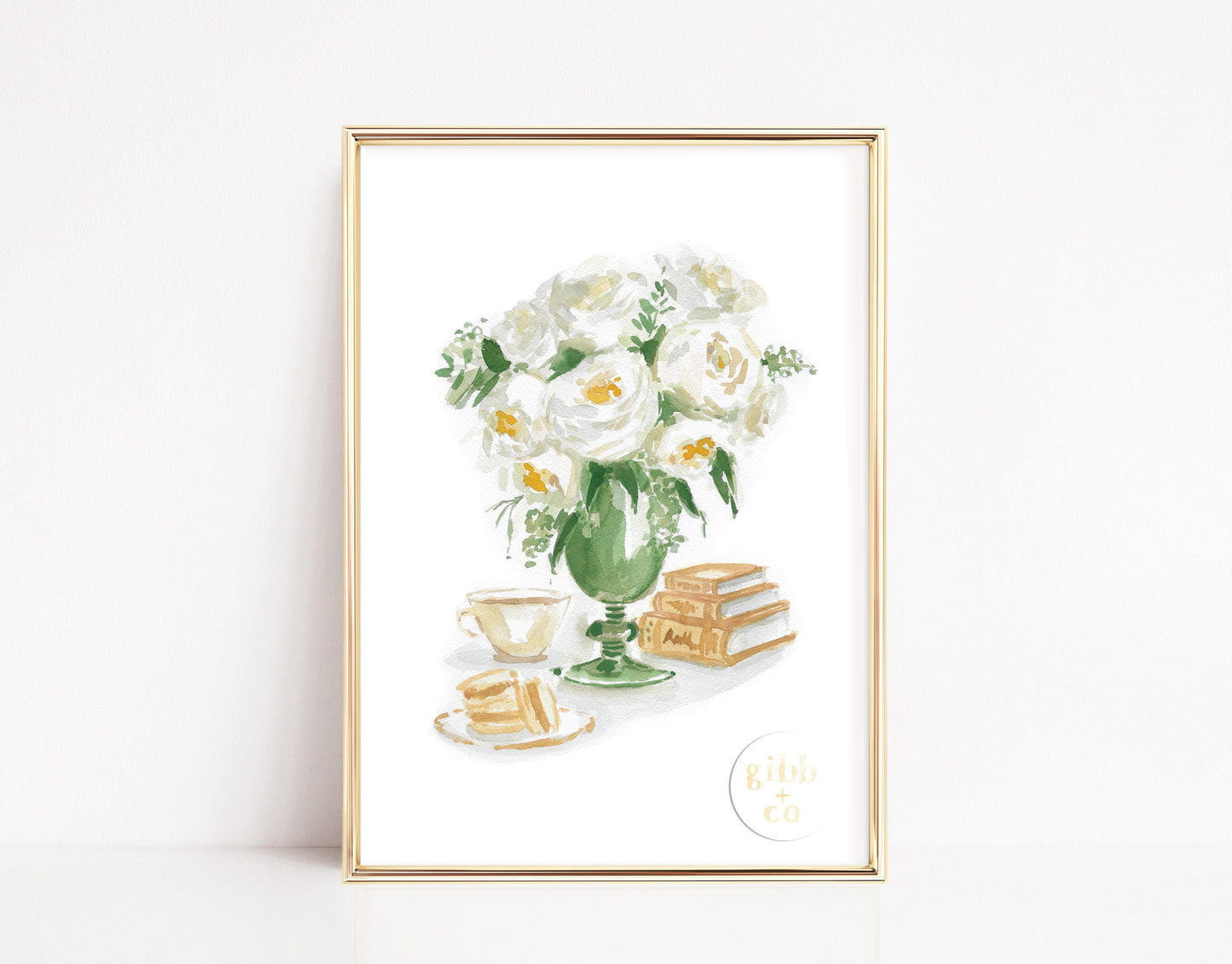 White Roses in green vase with macarons, book art print, floral art print