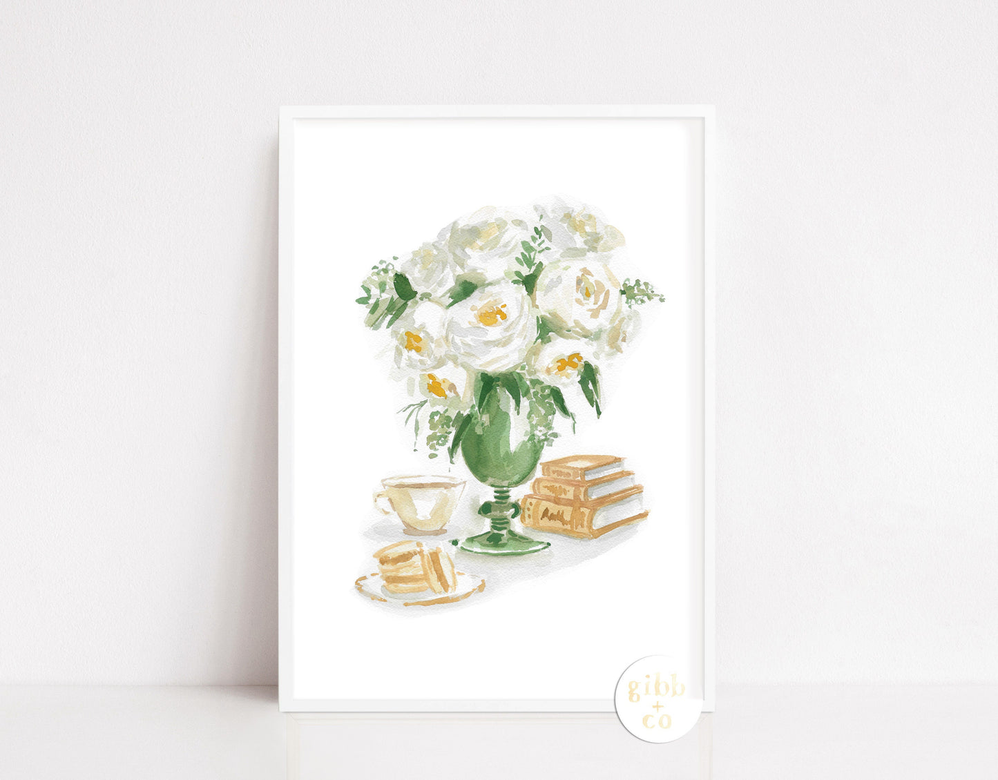 White Roses in green vase with macarons, book art print, floral art print