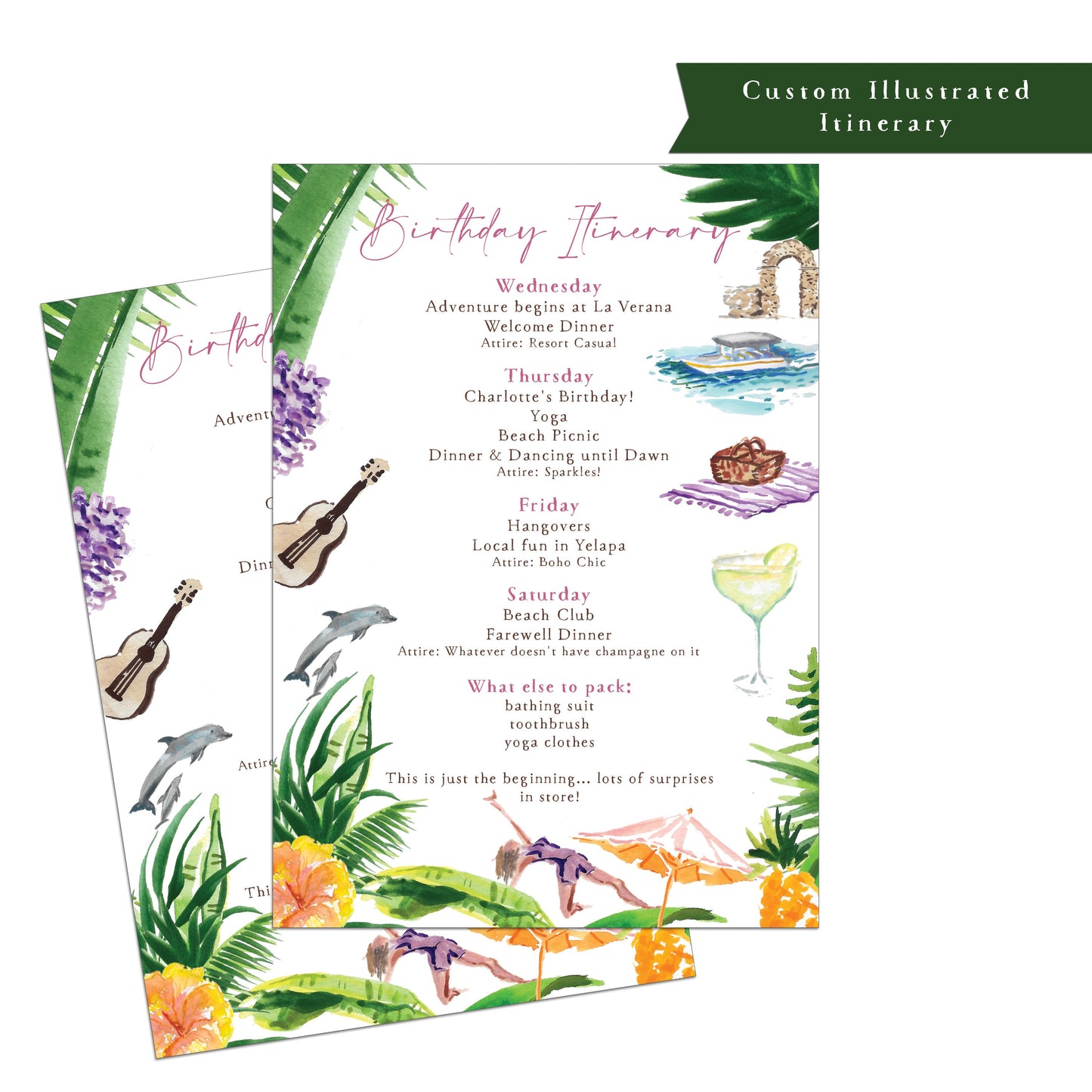 Custom illustrated itinerary, Illustrated wedding itinerary, Illustrated event itinerary