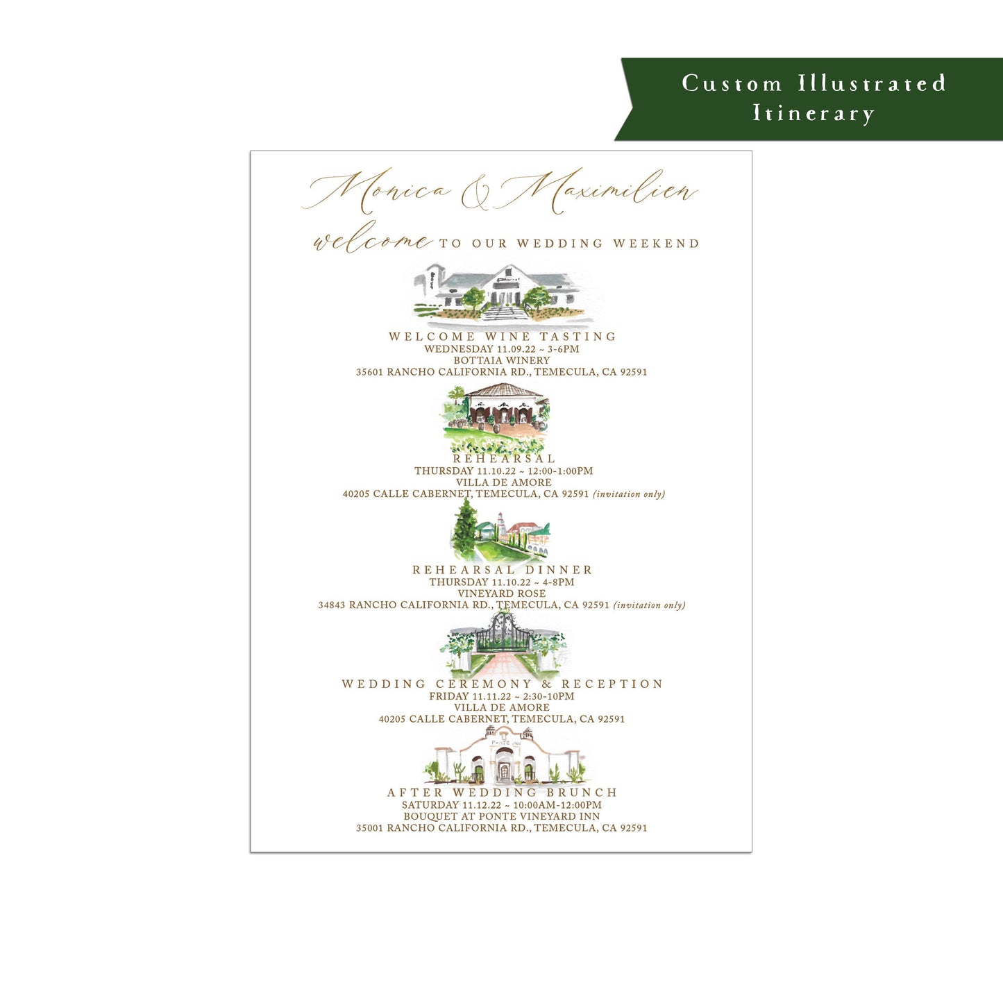 Custom illustrated itinerary, Illustrated wedding itinerary, Illustrated event itinerary