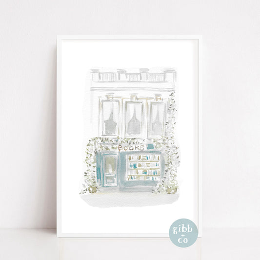 Blue and White Bookshop, Bookshop series, book art print, floral art print, architecture art print