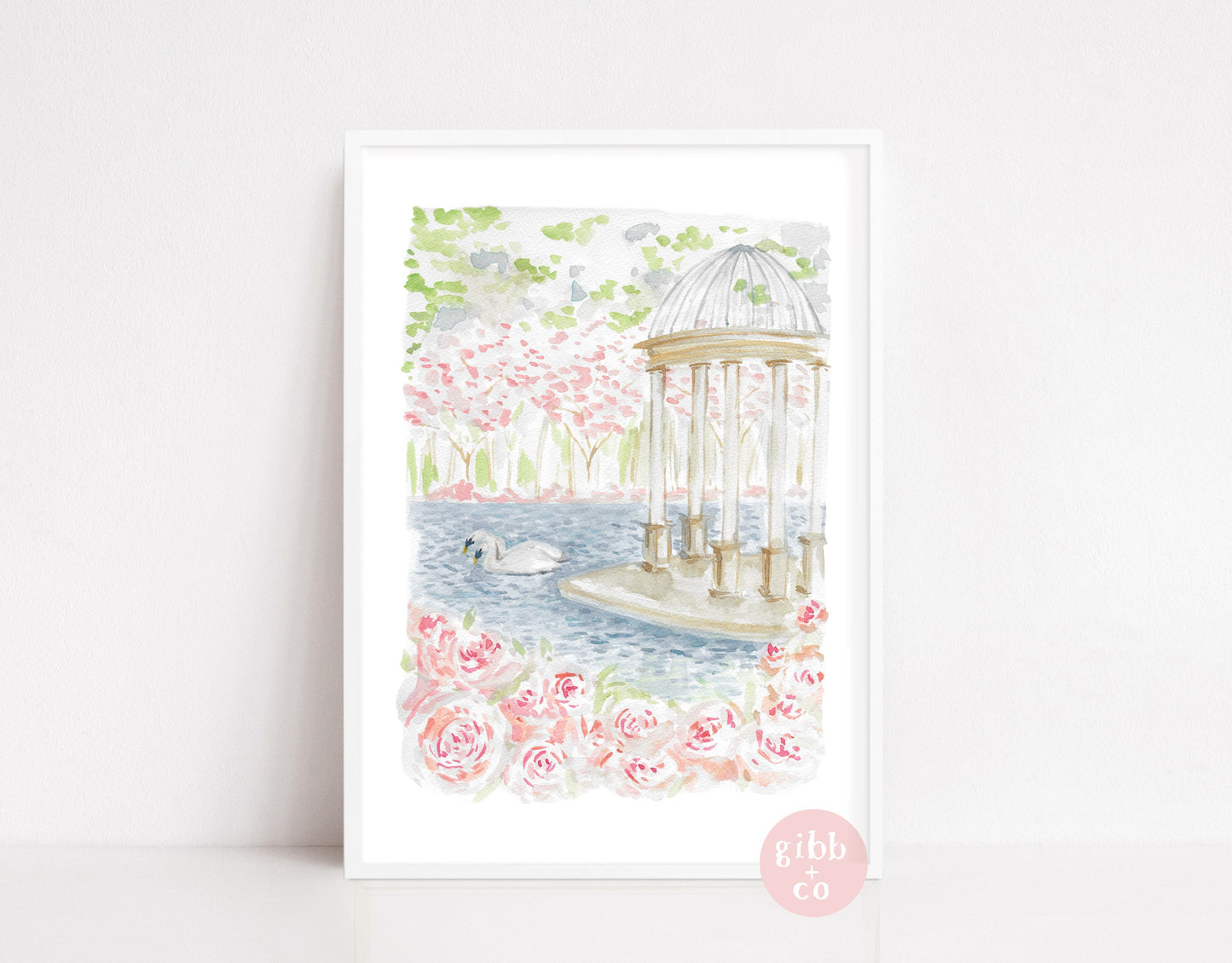 Swan and Cherry blossoms, nursery art print, floral art print