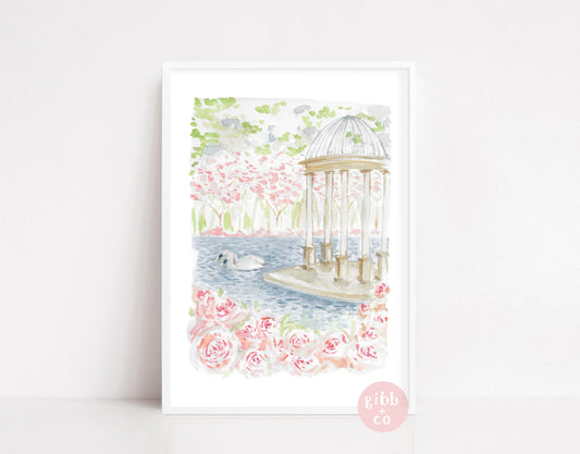 Swan and Cherry blossoms, nursery art print, floral art print