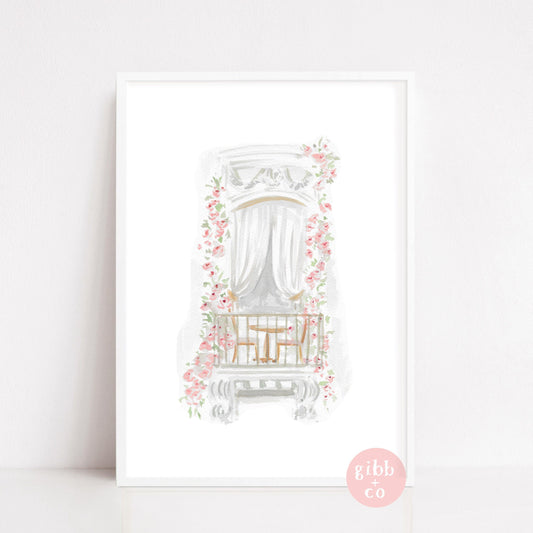 Spring Balcony with Pink roses, floral art print, architecture art print