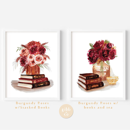 Red roses, burgundy roses, Stacked books, book art print, floral art print