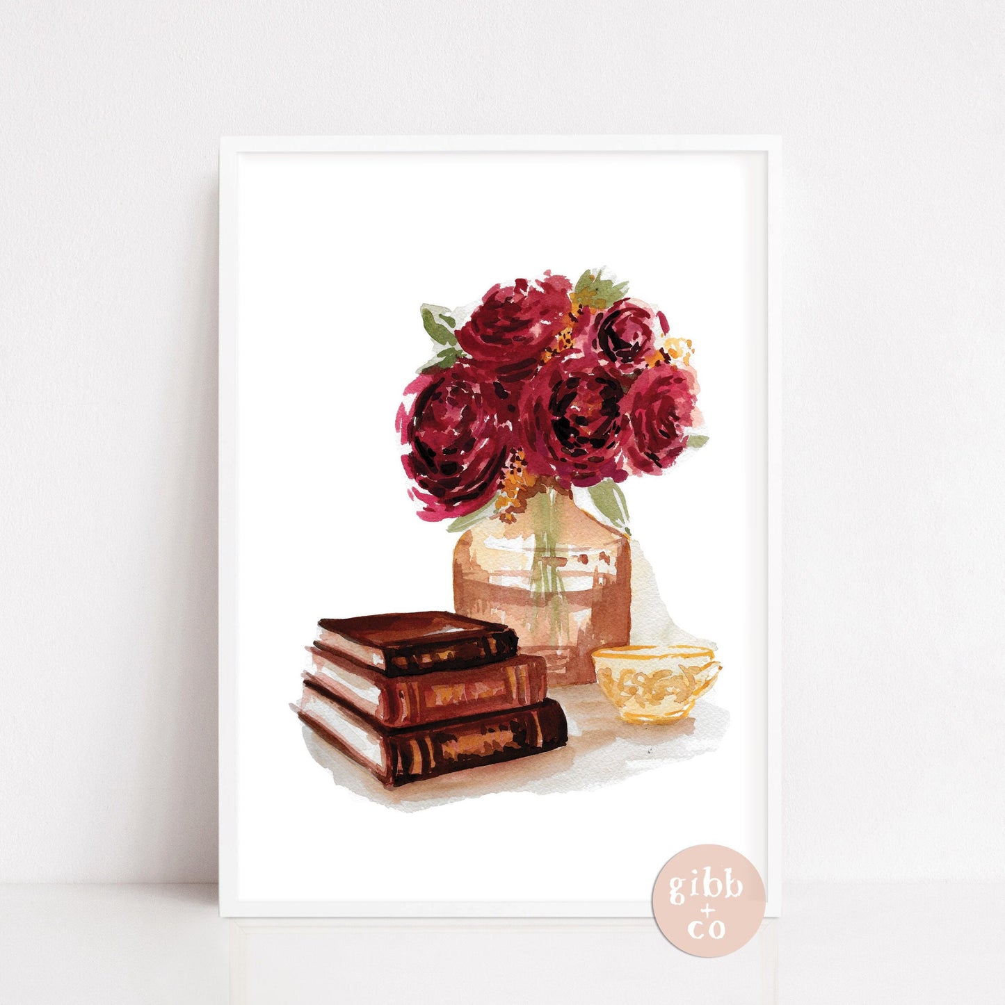 Red roses, burgundy roses, Stacked books, book art print, floral art print