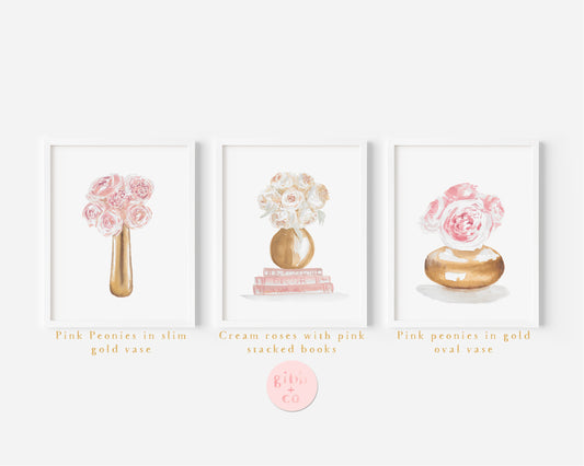 Pink peonies, cream roses, gold vase, Stacked books, Floral art print, book art print