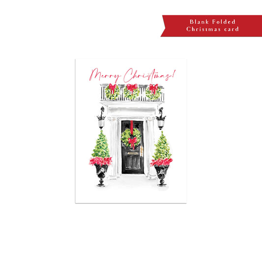 Christmas card, single or set, folded, watercolor, holiday door decor, Classic black door, wreath, red, green, Holiday card,  greeting cardd