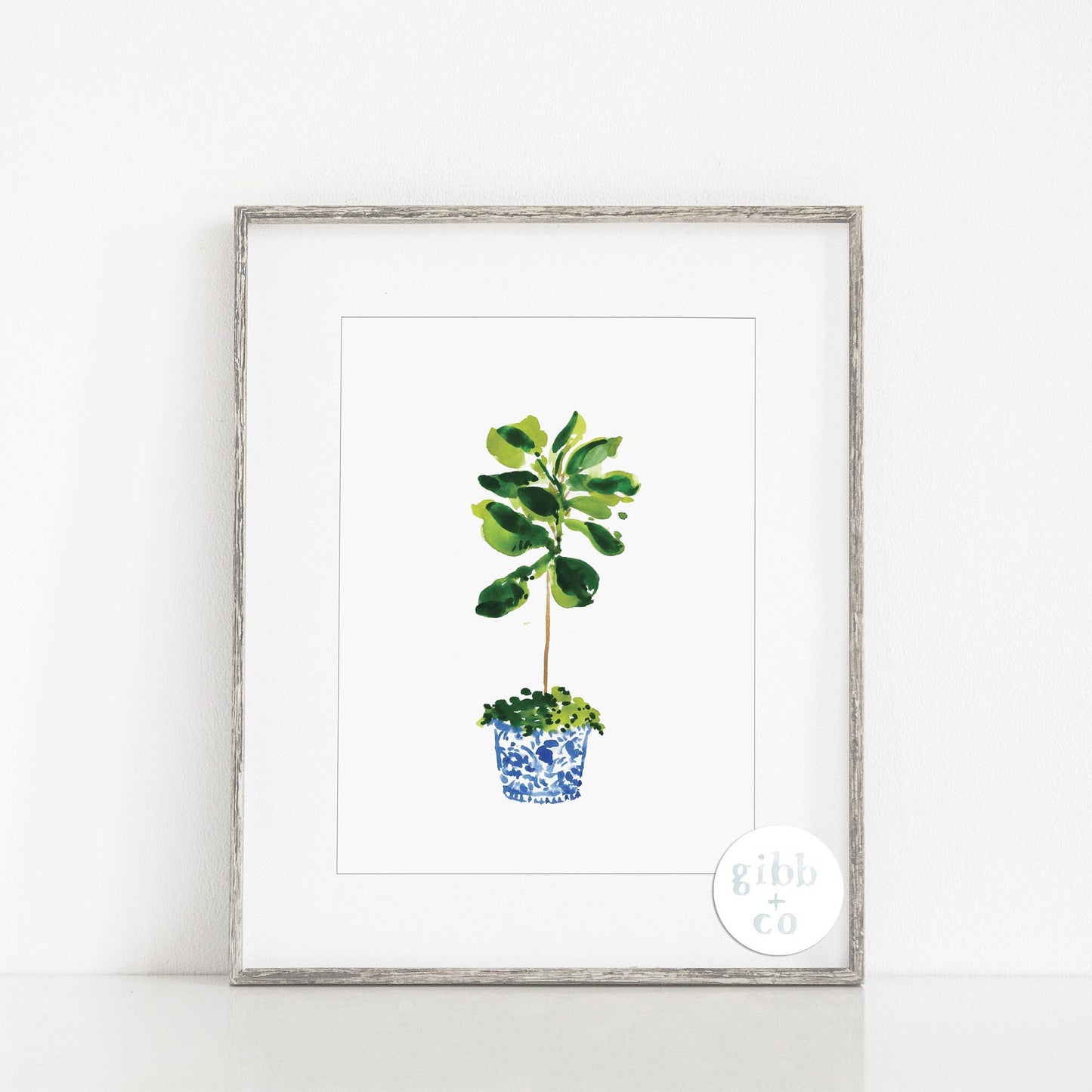 Blue Chinoiserie potted plant, palm, fiddle leaf, travelers palm, floral art print, garden art print