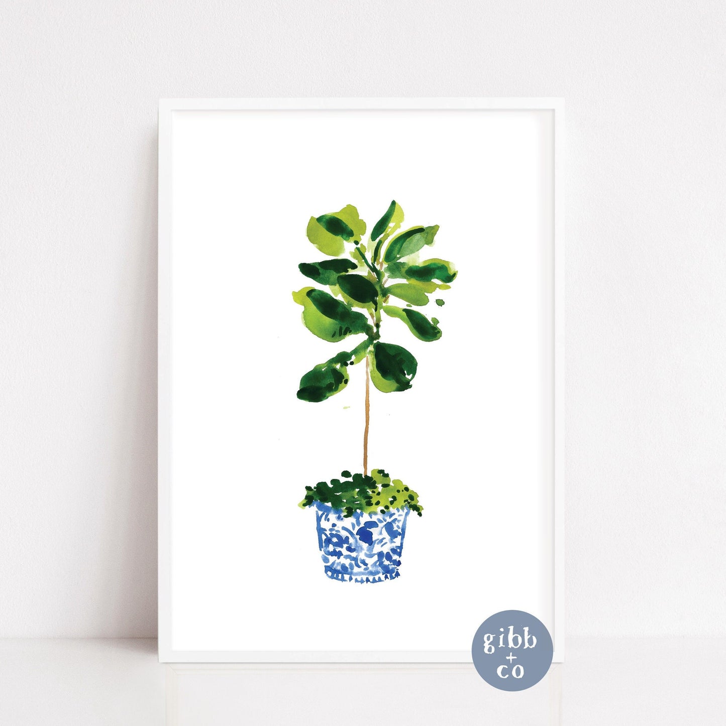 Blue Chinoiserie potted plant, palm, fiddle leaf, travelers palm, floral art print, garden art print