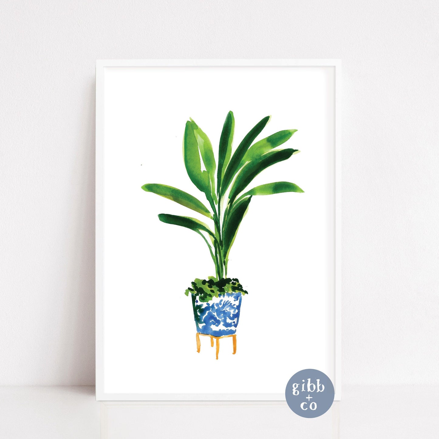 Blue Chinoiserie potted plant, palm, fiddle leaf, travelers palm, floral art print, garden art print