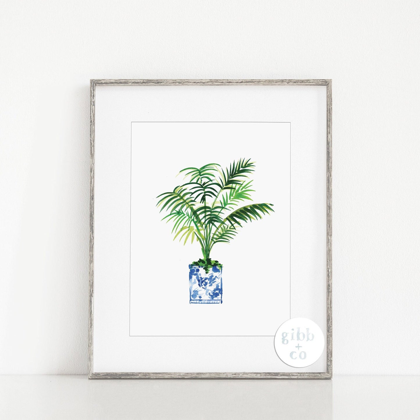 Blue Chinoiserie potted plant, palm, fiddle leaf, travelers palm, floral art print, garden art print