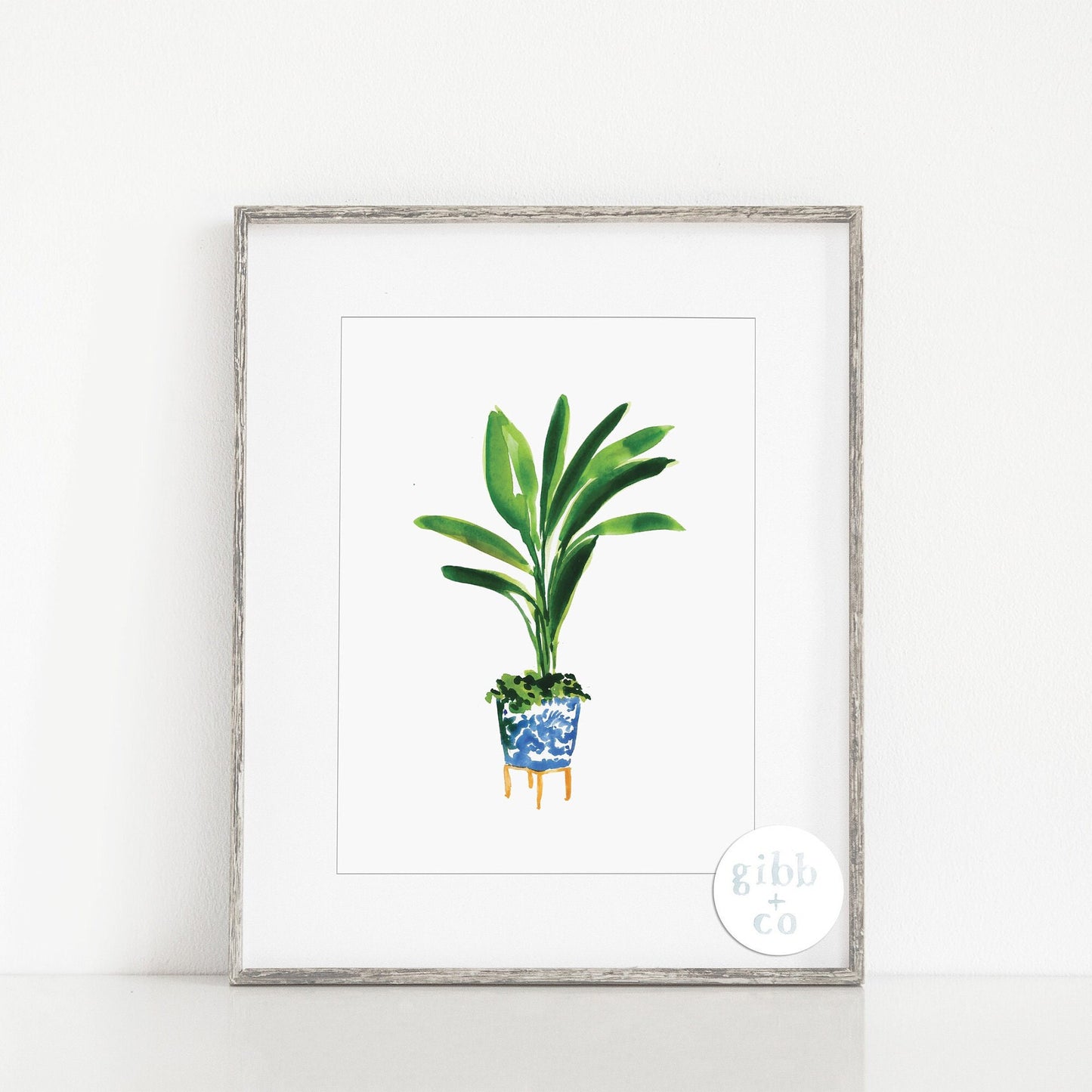 Blue Chinoiserie potted plant, palm, fiddle leaf, travelers palm, floral art print, garden art print