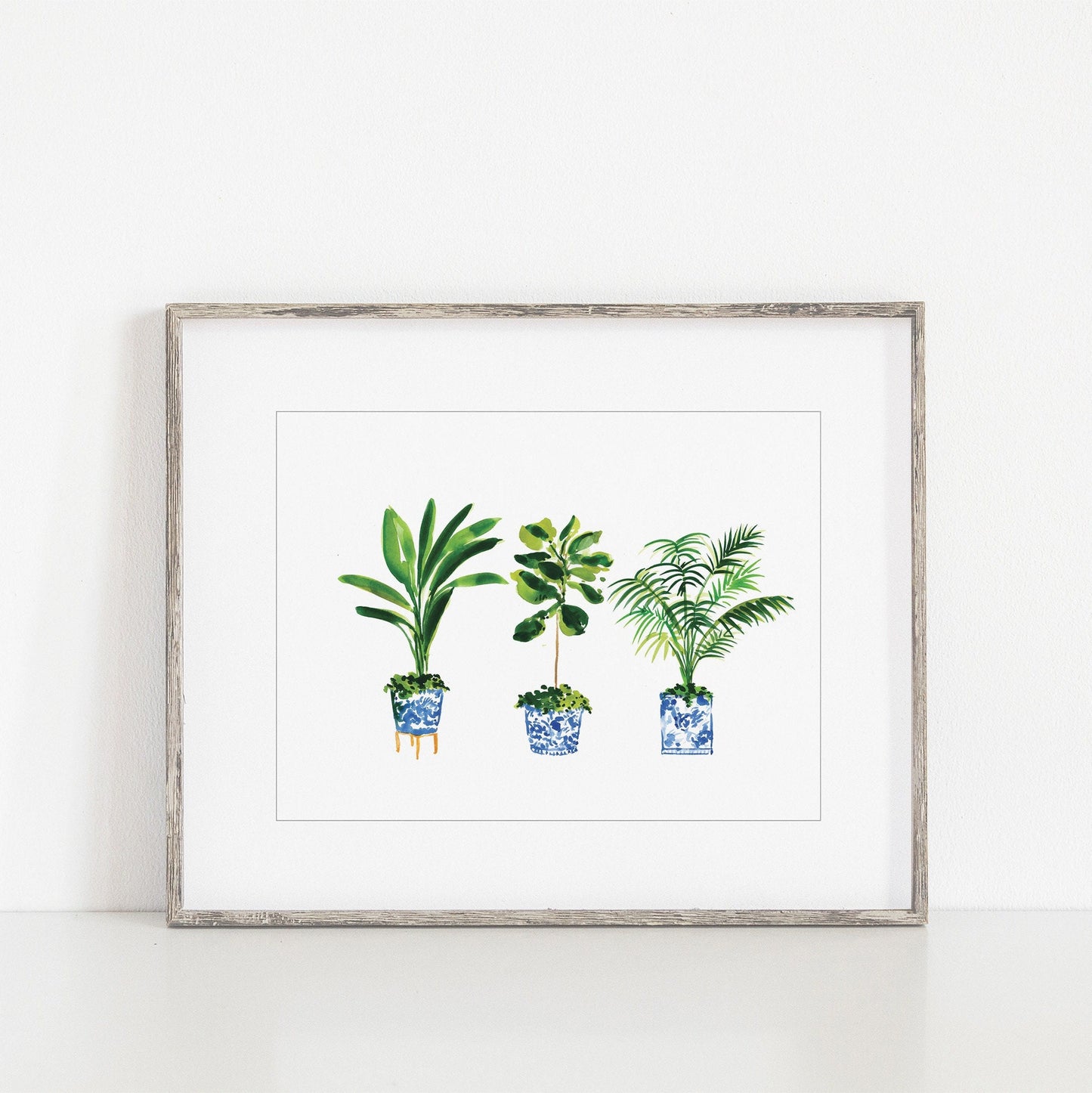 Plant lover, 3 house plants in chinoiserie pots, fiddle leaf, palm, travelers palm, floral art print, chinoiserie art print