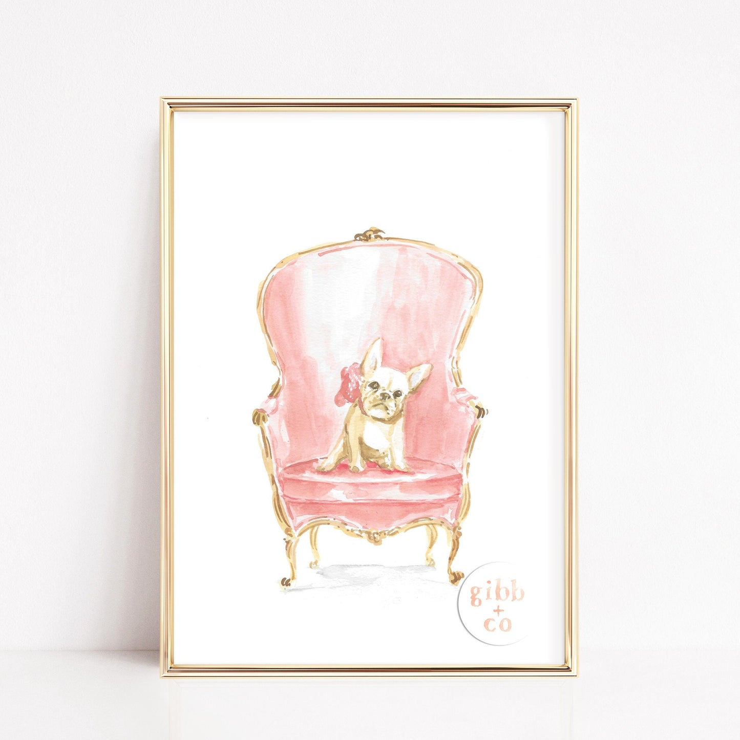 French Bulldog on Pink Chair, Frenchie dog art print, nursery art print