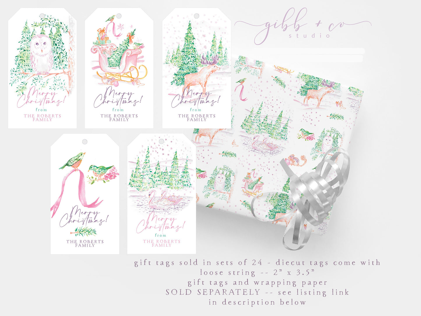 Moose Christmas gift tag, gift tags, personalized gift tags, winter wonderland, pink, purple, green, holiday, paper products, whimsical, Personalized Christmas gift tag, personalized holiday gift tag