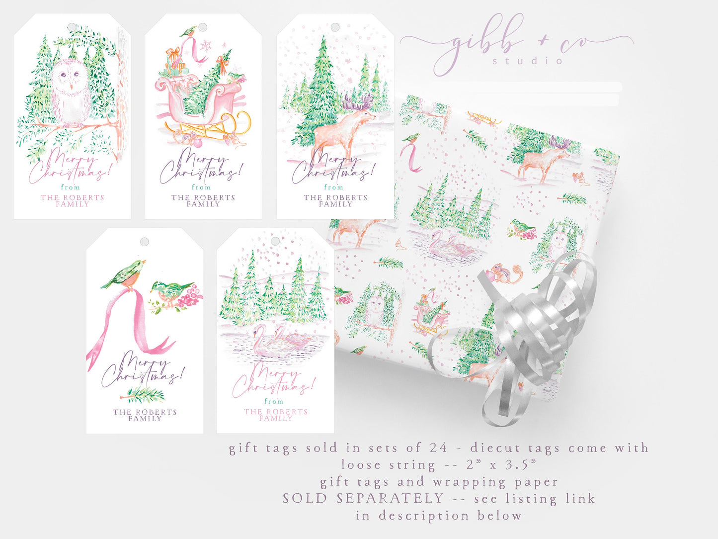 Swan Christmas gift tag, gift tags, personalized gift tags, winter wonderland, pink, purple, green, holiday, paper products, whimsical, Personalized Christmas gift tag, personalized holiday gift tag