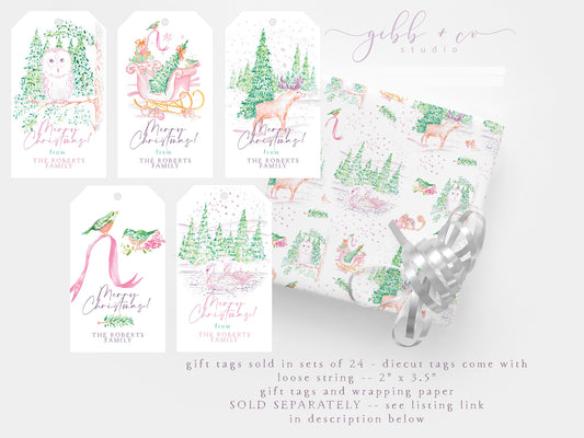 Christmas gift tag, gift tags, personalized gift tags, winter wonderland, pink, purple, green, holiday, paper products, whimsical, forest, Personalized Christmas gift tag, personalized holiday gift tag