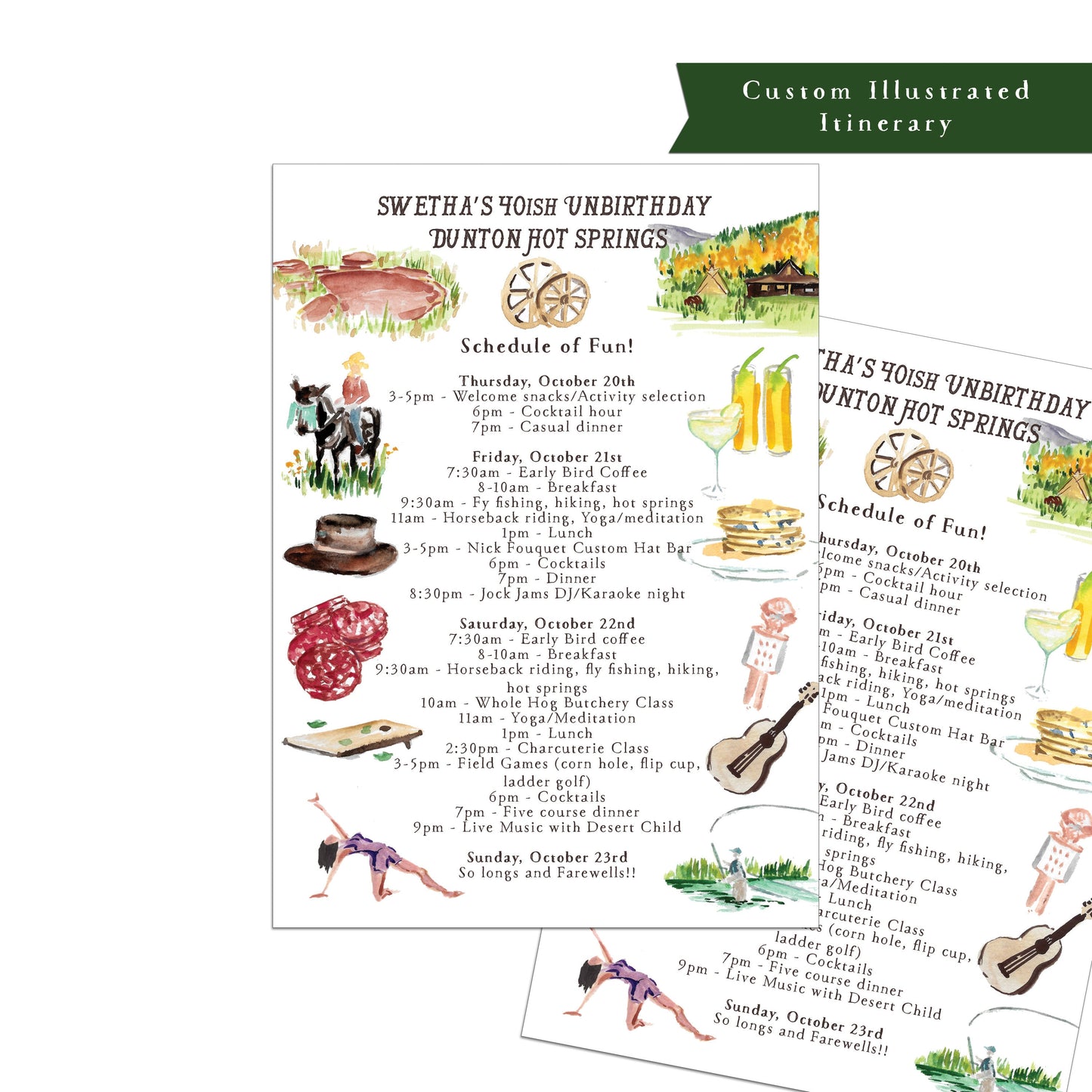 Custom illustrated itinerary, Illustrated wedding itinerary, Illustrated event itinerary