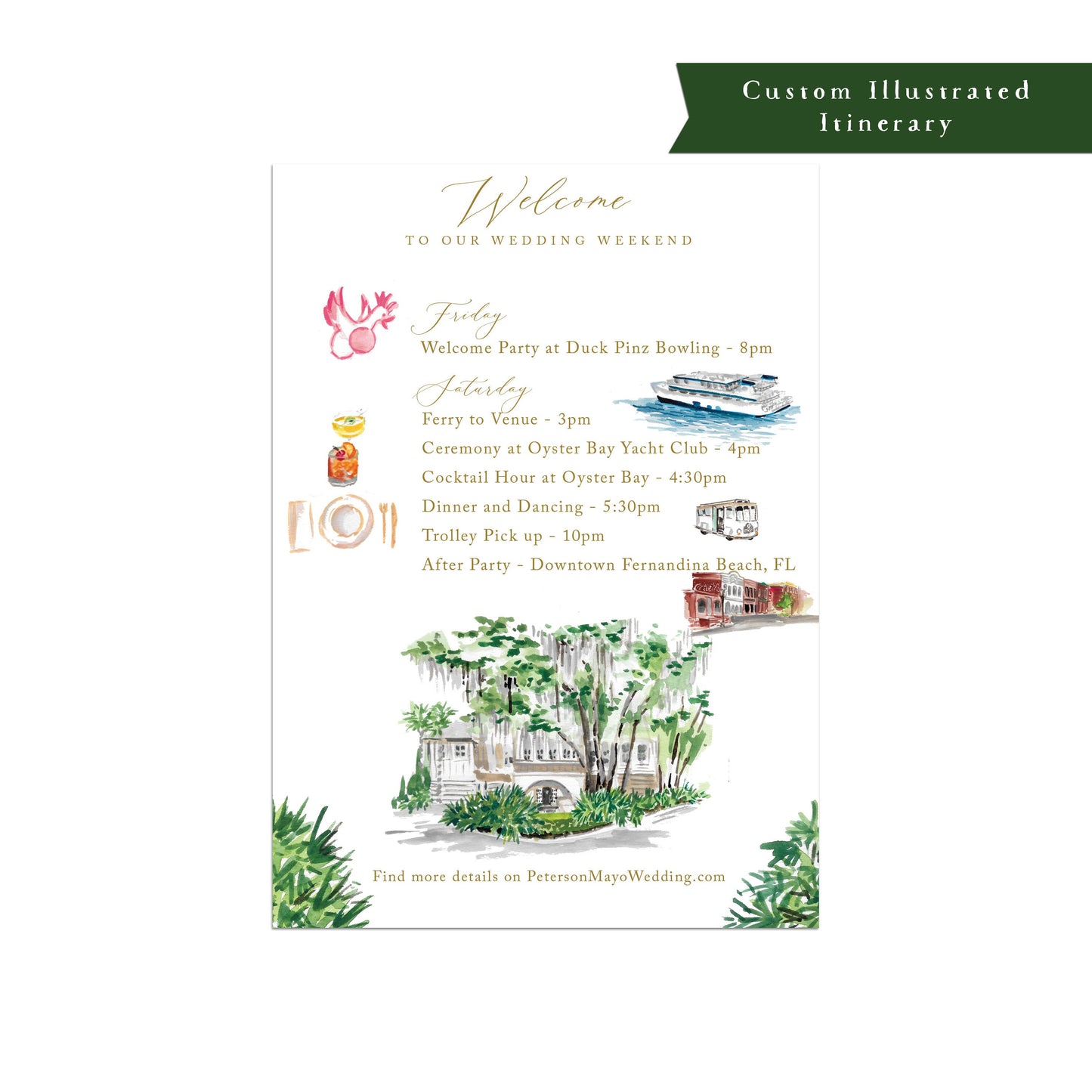 Custom illustrated itinerary, Illustrated wedding itinerary, Illustrated event itinerary