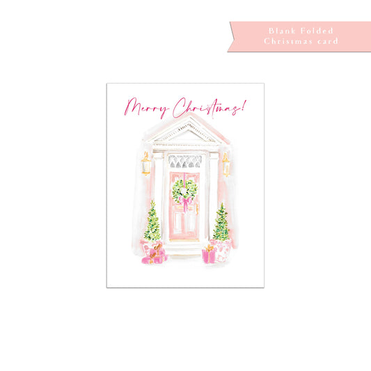 Christmas card, single or set, folded, watercolor, holiday door decor, pink door, wreath, red, green, Holiday card set,  greeting cardd