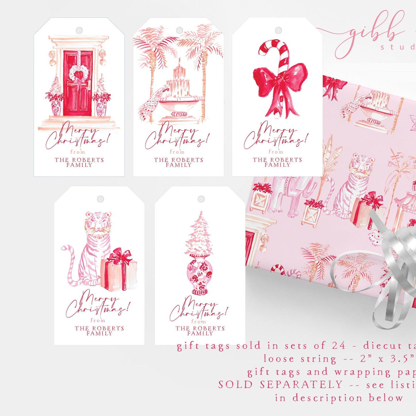 Christmas gift tag, gift tags, personalized gift tags, pink chinoiserie, holiday, pink tiger, monkey, elephant, paper products, whimsical, Personalized Christmas gift tag, personalized holiday gift tag