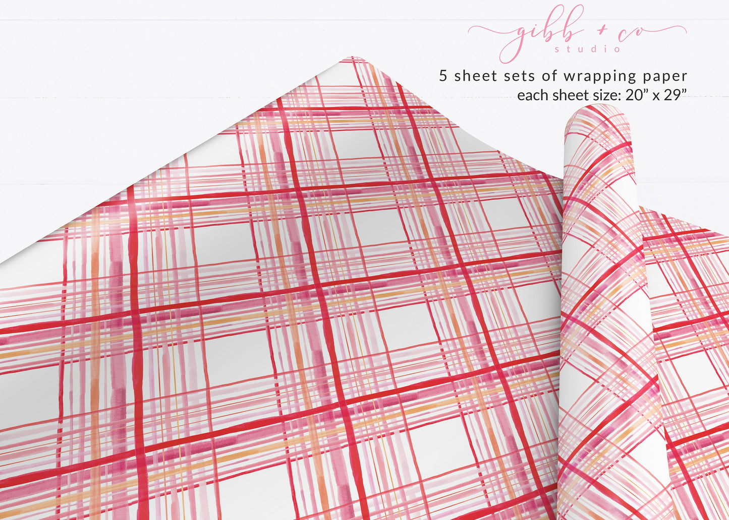 Pink Plaid Christmas wrapping paper, Holiday wrapping paper