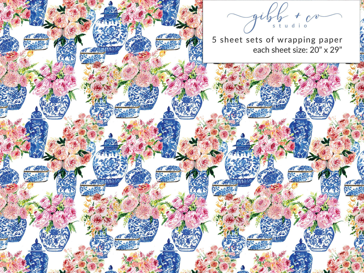 Blue Chinoiserie vase floral wrapping paper