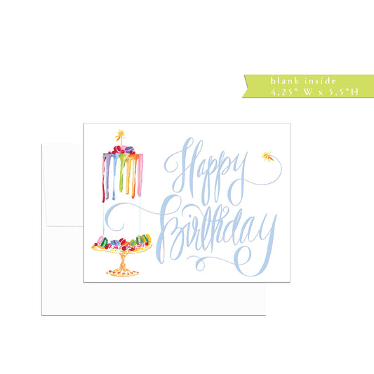 Happy Birthday card, single or set, folded, watercolor, rainbow calligraphy, birthday greeting card, friendship, friend birthday, cake