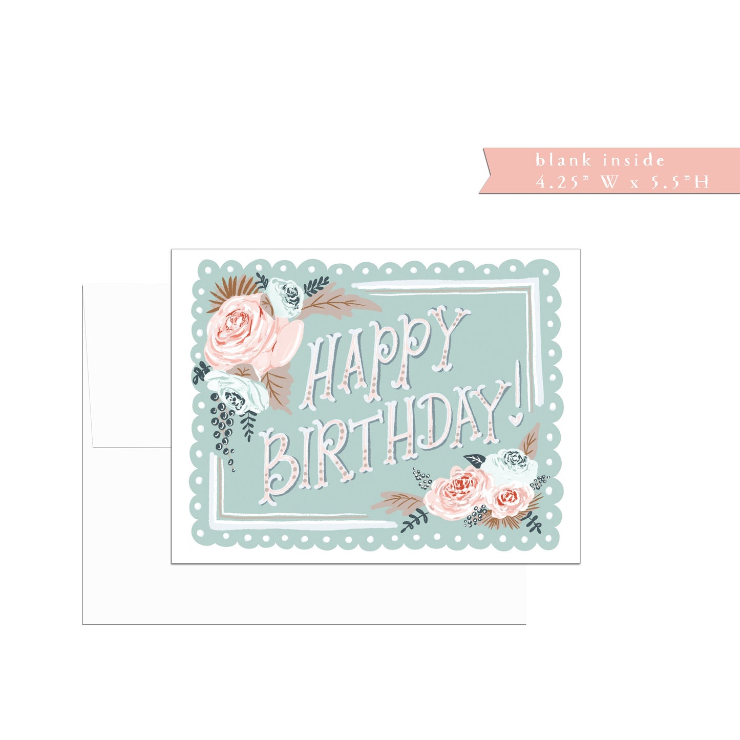 Happy Birthday card, scallop, typography,  single or set, folded, birthday greeting card, friendship, friend birthday, blue green, pink