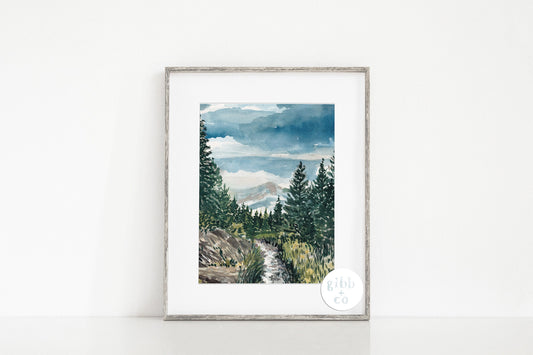 Fine Art print, Landscape study, mountain, lakes, meadows, travel art print