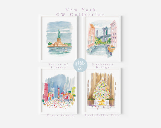 New York travel art, Statue of Liberty, Manhattan bridge, Times Square, Rockefeller Tree, travel art print