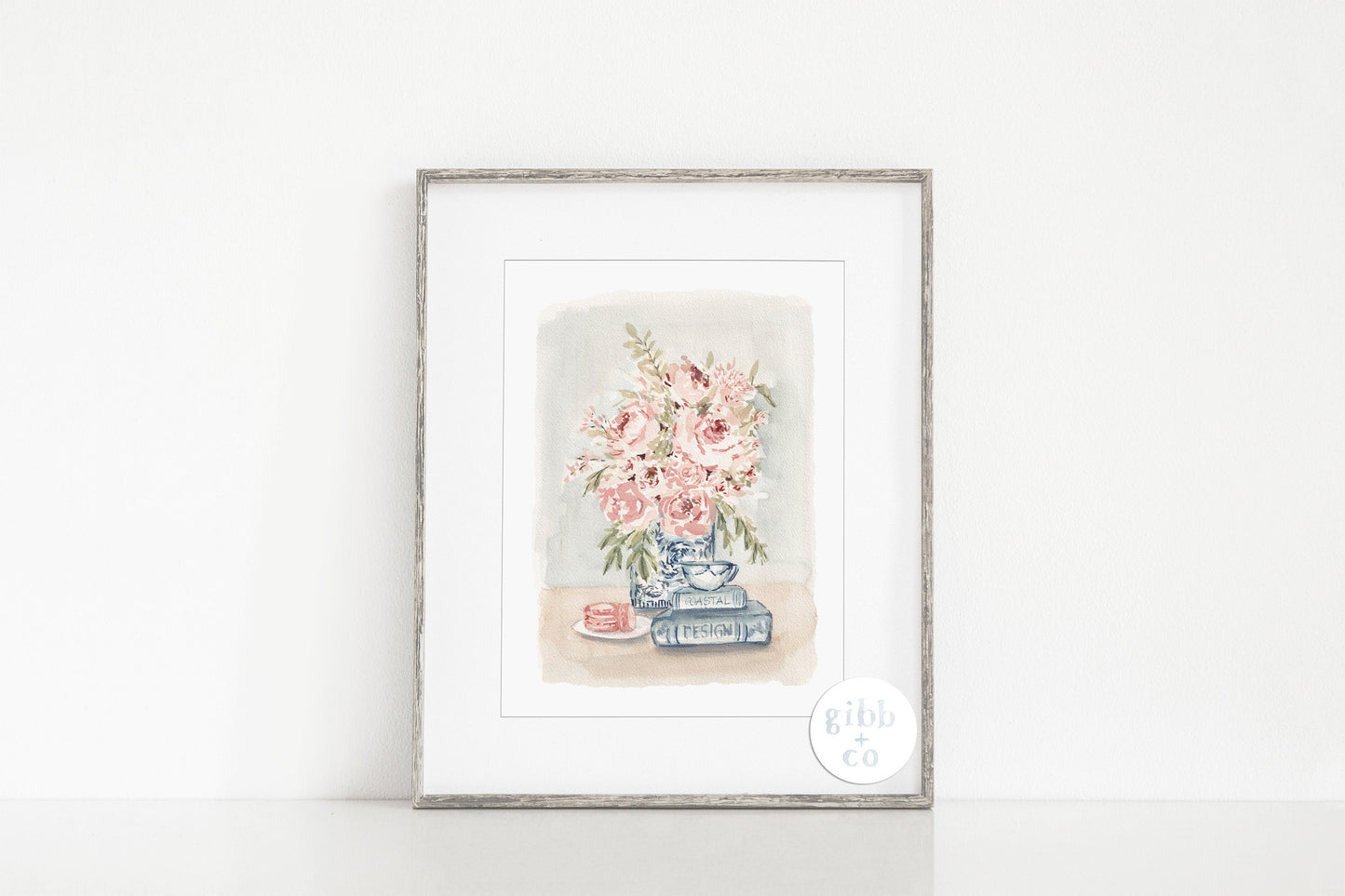 Muted Pink Florals with Blue Chinoiserie vase series, stacked books, tea, floral art print, chinoiserie art print, book art print