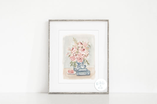 Pink Florals, Blue vase, art print, stacked books, tea, floral art print, book art print