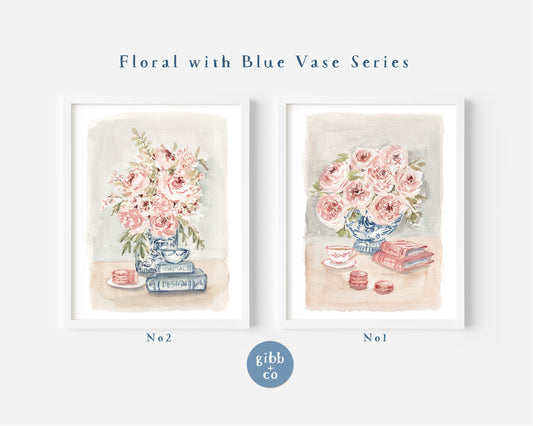 Muted Pink Florals with Blue Chinoiserie vase series, stacked books, tea, floral art print, chinoiserie art print, book art print