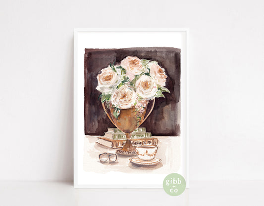 Neutral Floral art print, gold trophy vase, book art print, floral art print