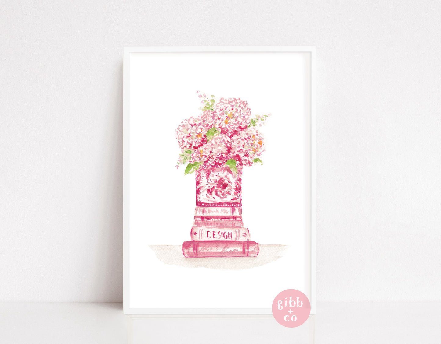 Pink Hydrangeas series, stacked books, book art print, floral art print, chinoiserie art print