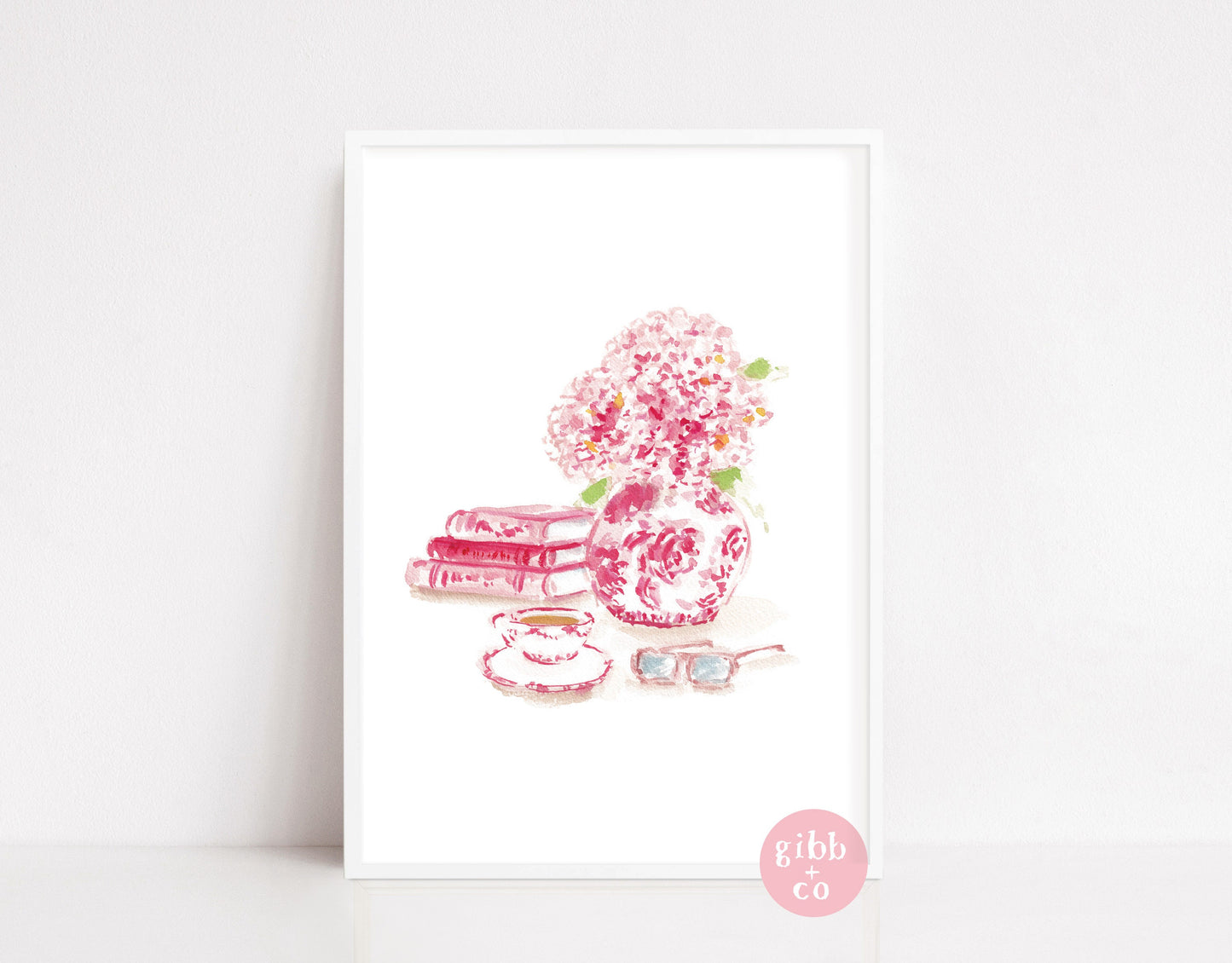 Pink Hydrangeas series, stacked books, book art print, floral art print, chinoiserie art print