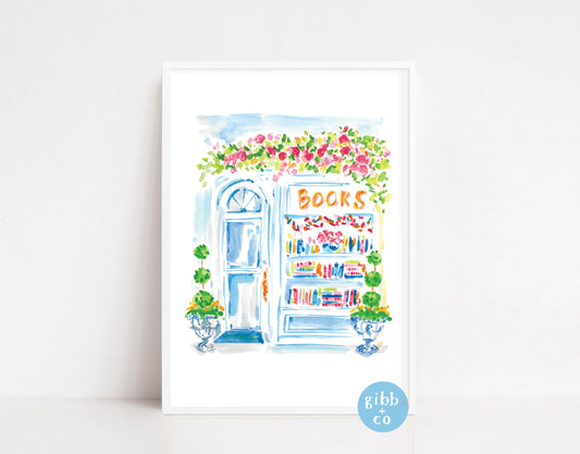 Blue Bookshop art, Bookshop series, book art print