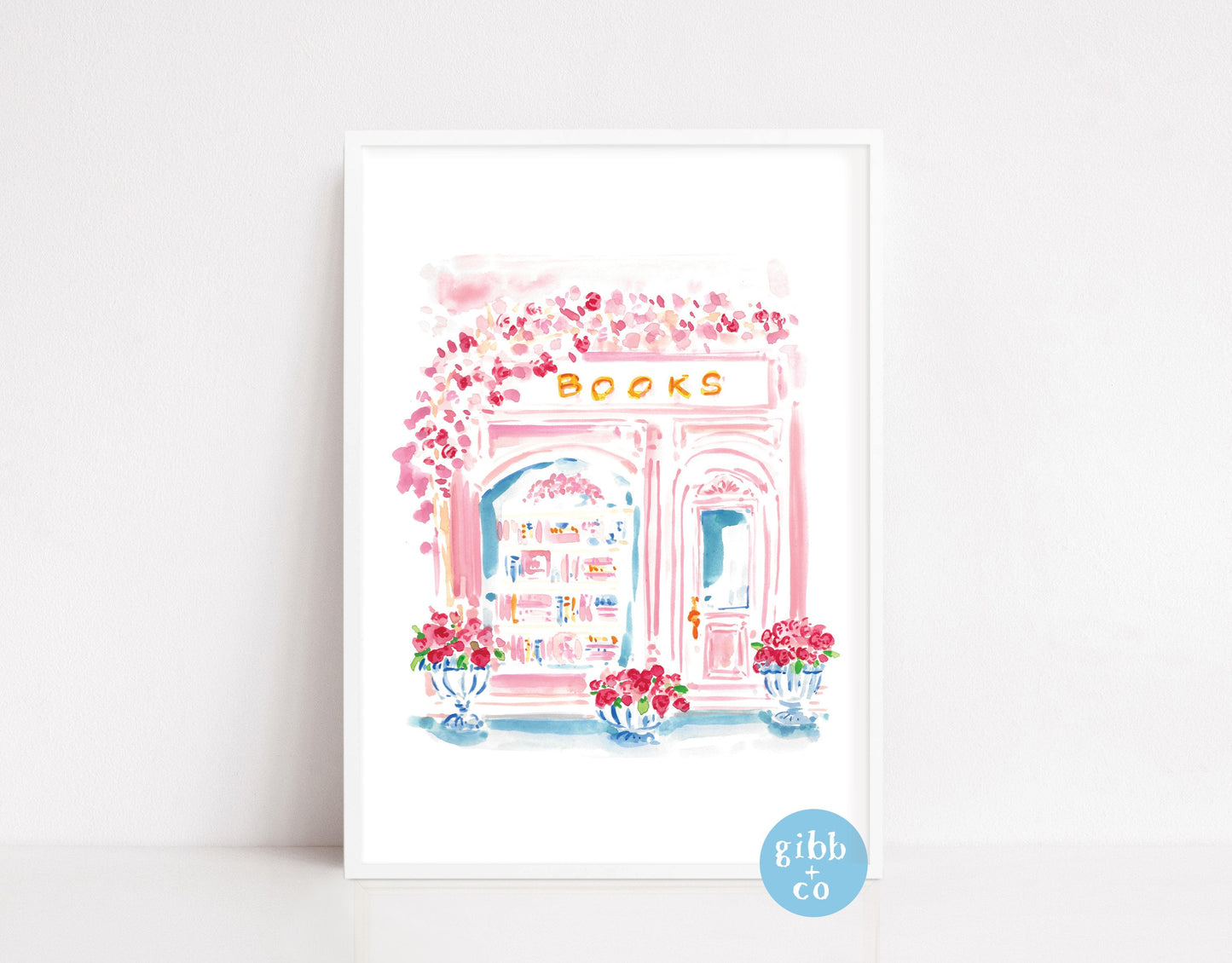 Bookshop series, pink shop, blue shop, book art print, floral art print