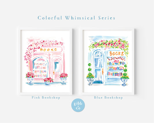 Bookshop series, pink shop, blue shop, book art print, floral art print